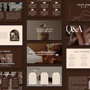 May include: A brown and beige presentation template with the text "The name of your WEBINAR here" and "Q&A" in a stylized font. The template includes images of coffee, a woman, and a table of contents.
