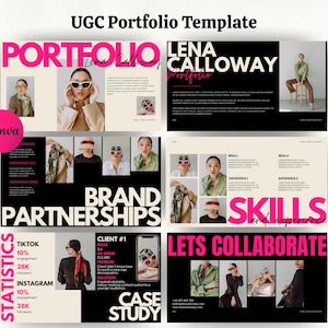 May include: A portfolio template with a black and white color scheme. The template features a woman's headshot, a section titled "Brand Partnerships", a section titled "Statistics", a section titled "Client #1", a section titled "Case Study", a section titled "Skills", and a section titled "Lets Collaborate".