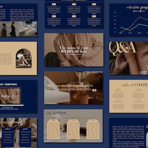 May include: A presentation template with a blue background and gold accents. The template includes slides for a webinar, a table of contents, pricing options, and a meet the founder section. The slides feature images of people, a cup of tea, and a laptop.