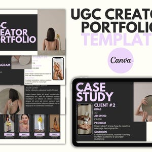 以下が含まれることがあります： UGCクリエイターポートフォリオの白黒のケーススタディテンプレート。テンプレートには、クライアント情報、問題、解決策、結果のセクションが含まれています。テンプレートには、クリエイターのInstagram統計のセクションも含まれています。テンプレートのテキストには、「UGCクリエイターポートフォリオテンプレート」、「ケーススタディ」、「クライアント＃2」、「ROAS 3.2」、「広告費£9,000」、「問題」、「クライアントは新しい年齢層にリーチする方法が分からなかった」、「解決策」、「若いオーディエンスに適した、関連性があり、ネイティブなコンテンツを作成しました」、「Instagram」、「フォロワー28,000人」、「エンゲージメント10％」、「フォロワー28,000人」と記載されています。