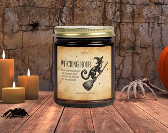 Witching Hour Candle | Autumn Pumpkin Spice & Bourbon | Black Cat Witch Halloween Decor | Spooky Gift for Fall Home