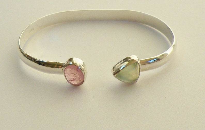 Pink Tourmaline Prehnite Cuff Tourmaline Cuff San Diego Tourmaline Green Easter Egg Colors Trillion and Ellipse Pink and Green Cuff