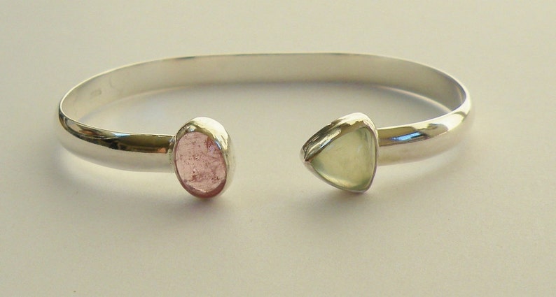 Pink Tourmaline Prehnite Cuff Tourmaline Cuff San Diego Tourmaline Green Easter Egg Colors Trillion and Ellipse Pink and Green Cuff