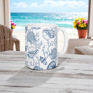 Blue Toile Coastal Shells Ceramic Mug |  Ocean Decor Coffee Cup | Nautical Gift for Beach Lovers | Beach House Kitchenware | Cottagecore cup