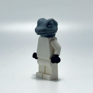 Op de afbeelding: Een wit Lego minifiguur met een grijs hagedis hoofd. Het minifiguur heeft zwarte handen en voeten.