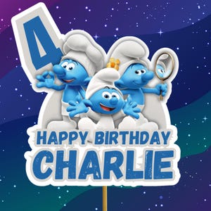 De gepersonaliseerde taarttopper Elke naam Elke leeftijd Verjaardag Decoratie Smurfen