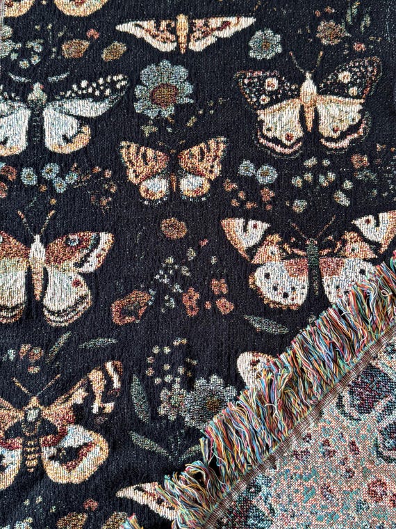 Vintage Woven Moth Blanket: Dark Academia Throw, Bohemian Tapestry