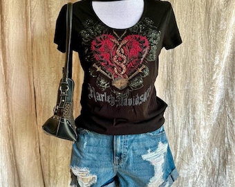 Harley Davidson strass-topp, gotisk grunge-bikertröja, Y2K Extra Small