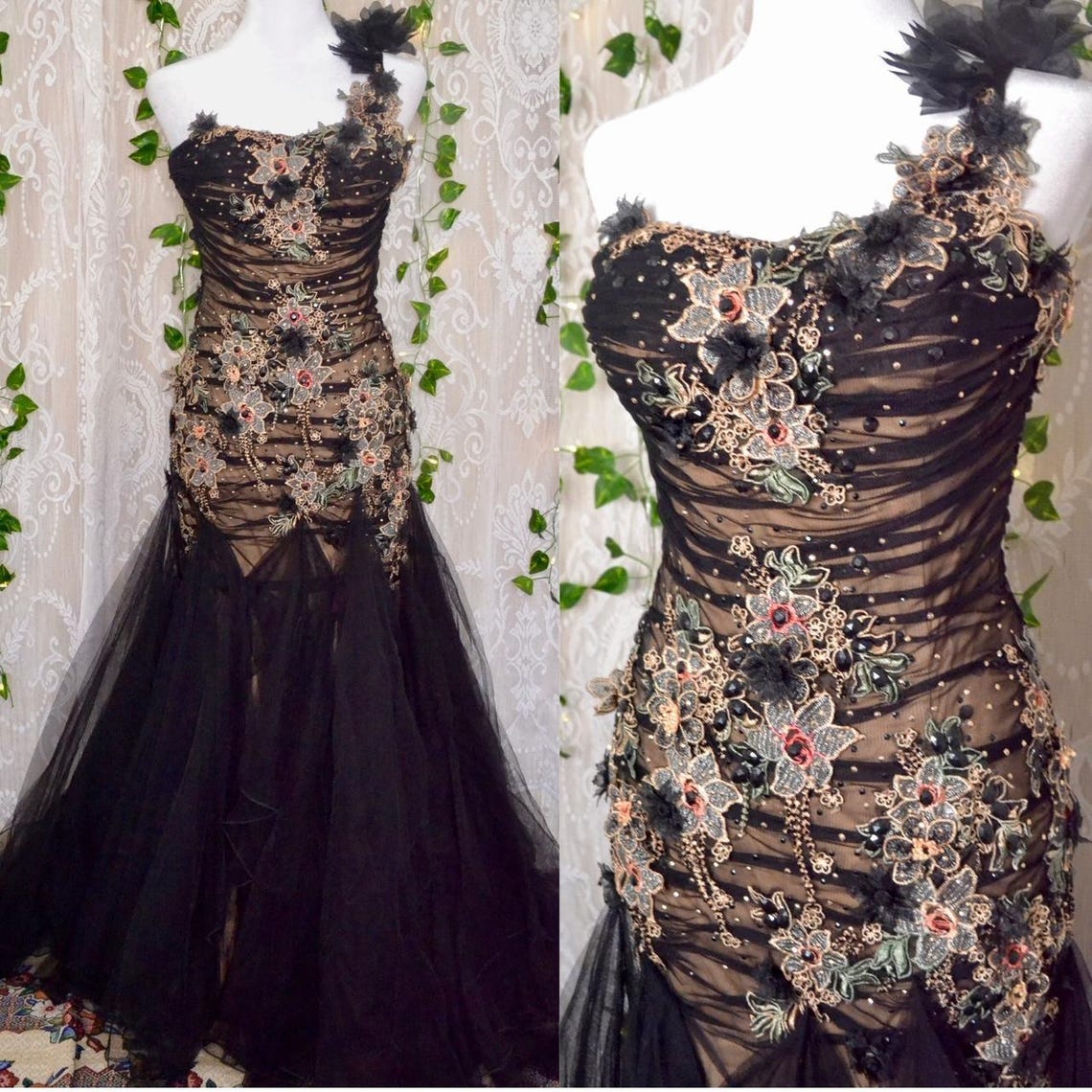 Sultry Gothic Mermaid Dress with Floral Patchwork and Off-Shoulder Neckline