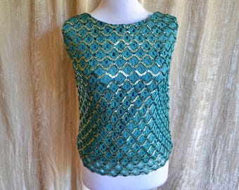 Vintage 50s Teal Blue Sequin Crochet Lace Top - Size Small