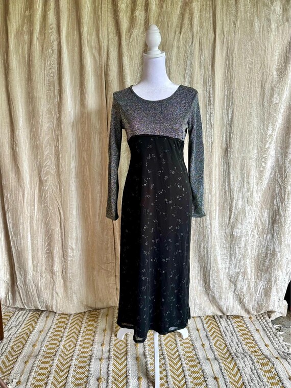 90s Whimsigoth Maxi Dress: Silver Metallic Floral Long Sleeve