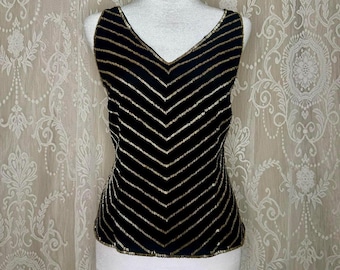 90s Art Deco Beaded Tank Top: Vintage Black & Gold Striped Shirt