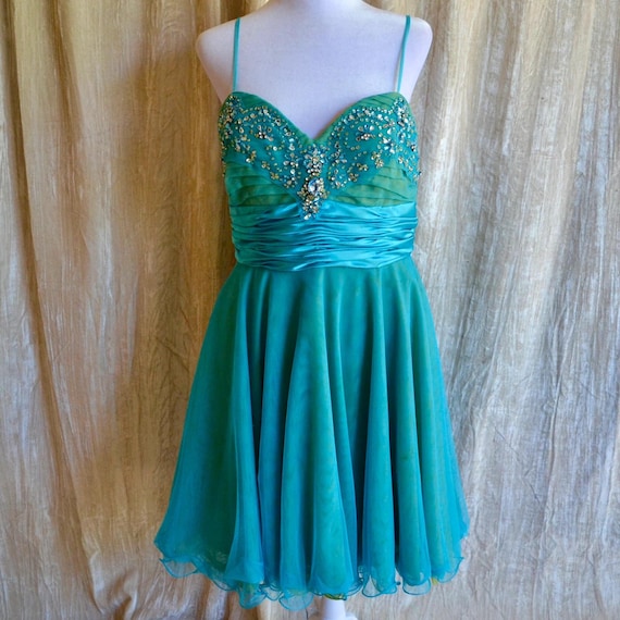 Vintage Y2K Fairy Mermaid Teal Rhinestone Embellished Beaded Tulle Mini Formal Prom Dress, Aquamarine Style, Mermaidcore, Adrianna Papell