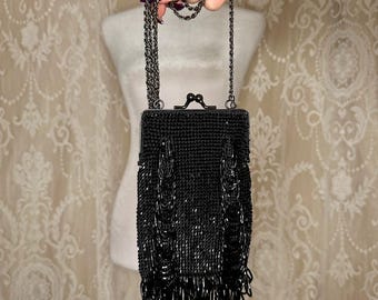 Bolso de mano vintage negro con flecos, estilo Art Déco Flapper, años 90, La Regale