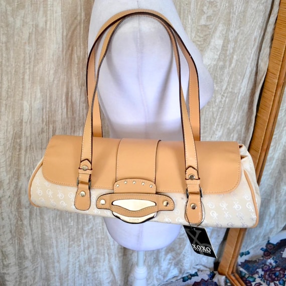Vintage Y2K XOXO Tan Shoulder Bag, Mirror Buckle, Monogram 