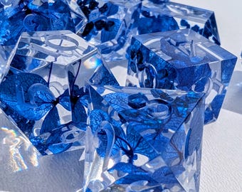 Blue Elegance - Handmade Resin DND Dice Set: Blue Flowers & Stones