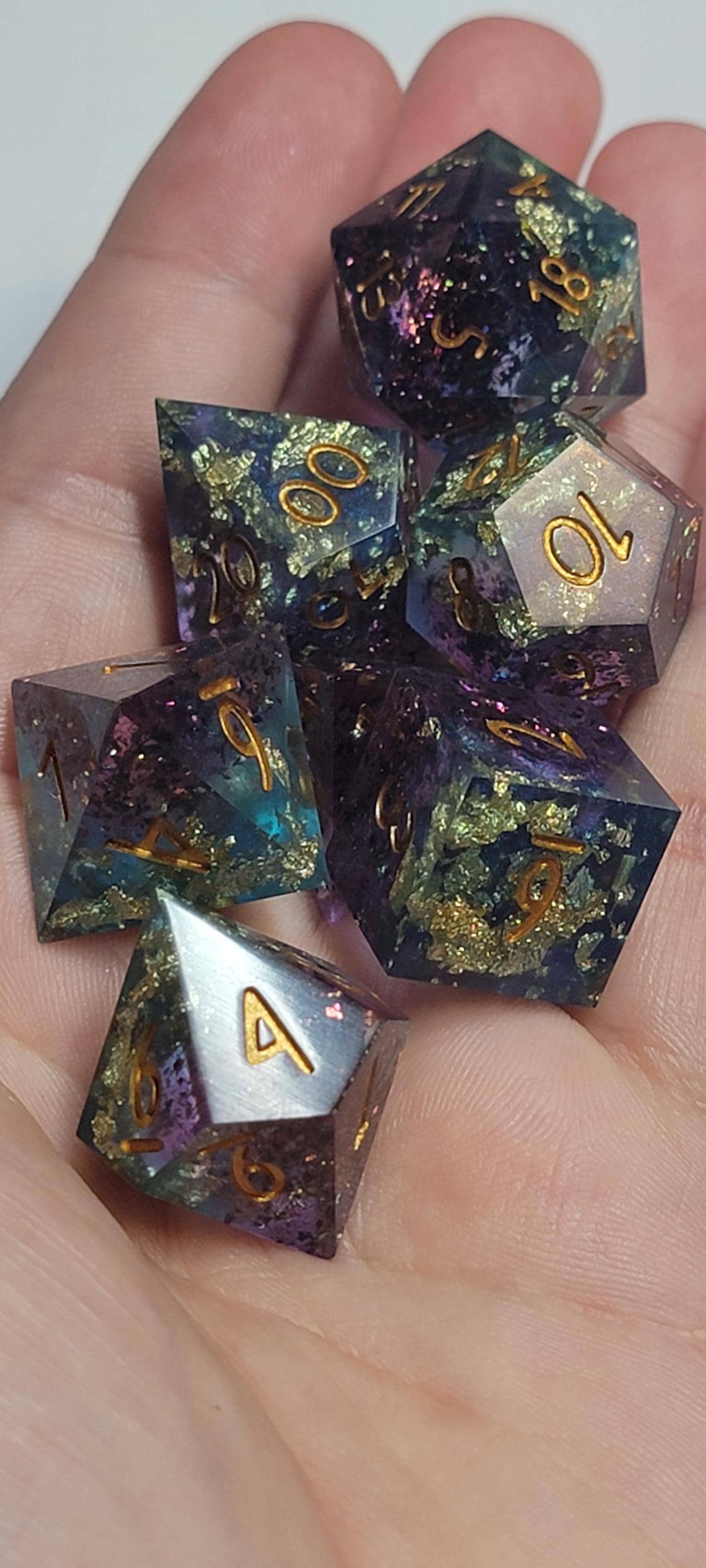 Twilight Fortune - Blue and Purple with Gold - Handmade Sharp Edge 7 set DnD MTG TTRPG Dice - 175