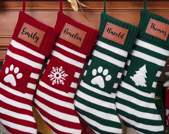 2026 Engraved Leather Patch Stockings, Family Christmas Stockings With Name, , Knitted Stocking, Holiday Decor Gifts