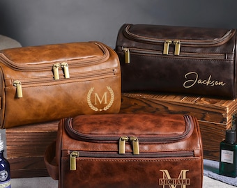 Personalized Men's Leather Toiletry Bag, Engraved Dopp Kit, Travel Accessory