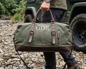 Embroidered Leather Canvas Duffle Bag, Personalized Travel Weekender, Groomsmen Gift Bag, Bachelor Party Favors