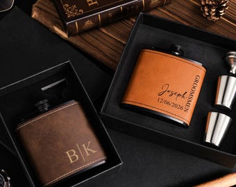 Gepersonaliseerde lederen heupfles, bruidsjonkers huwelijksgeschenken, gegraveerde roestvrijstalen kolf man, getuige-kolf, cadeau voor man