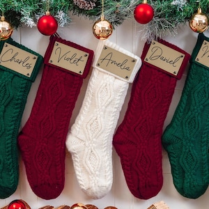 Personalized Leather Patch Christmas Stockings, Family Christmas Stockings With Name, Holiday Stockings, Knit Stockings, Holiday Decor Gift