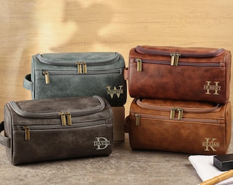 Personalized Travel Toiletry Bag For Men,Groomsmen Gifts,Engraved Bag For Dad, Leather Dopp Kit Bag for him, Christmas & Anniversary Gift