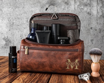 Gepersonaliseerde toilettas voor heren, leren reistoilettas, gegraveerde dopp-kits, reisaccessoires, cadeaus bruidsjonkers, Vaderdagcadeau