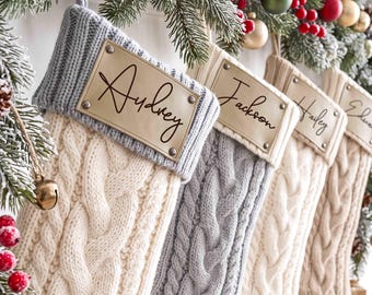 Personalized Engraved Leather Patch Stockings, Knit Christmas Stocking, Family Stockings With Name, Dog Bone Stocking, Holiday Decor