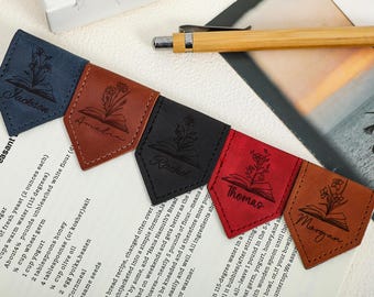 Personalized  Magnetic Bookmark, Birth Flower Leather Bookmark, Engraved Name Bookmark, Christmas Gift, Gifts for Readers,Book Lovers