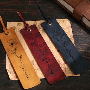 Custom Leather Bookmarks, Personalized Birth Month Flower Bookmark, Gifts for Reader, Gift for Book Lovers, Birthday, Christmas Gift for Her