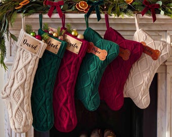Personalized Engraved Leather Patch Stocking, Knit Family Christmas Stockings, Holiday Decor