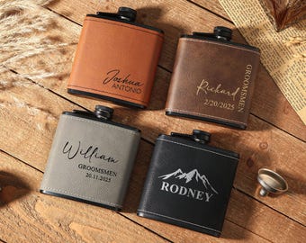 Personalisierte Leder Flasche für Männer, Groomsmen Geschenke, Flachmann mit Gravur, Trauzeugen Flasche, Flasche + Tassen Set, Trauzeuge Geschenke, Hochzeitsflasche