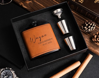 Gepersonaliseerde leren heupfles, cadeaus bruidsjonkers, gegraveerde kolf voor man, cadeau getuige, huwelijkscadeaus
