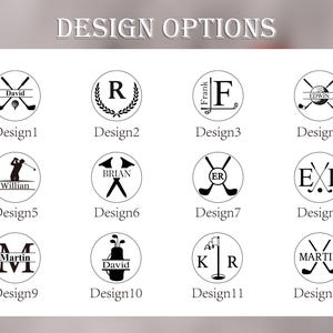May include: A white card displays twelve golf-themed design options. Each design is a circular emblem with a name or initials, and golf-related imagery like crossed clubs or a golfer. The text "DESIGN OPTIONS" is at the top.