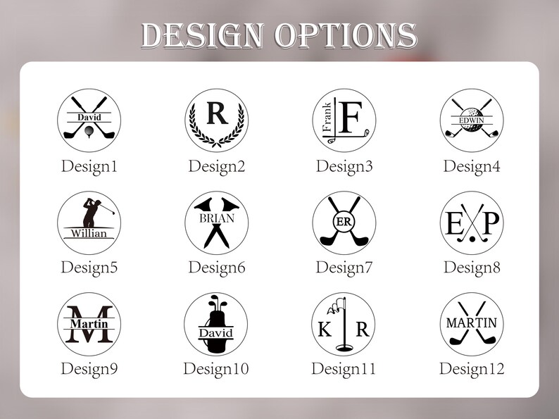 May include: A white card displays twelve golf-themed design options. Each design is a circular emblem with a name or initials, and golf-related imagery like crossed clubs or a golfer. The text "DESIGN OPTIONS" is at the top.