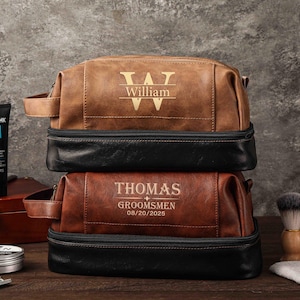 Personalisierte Groomsmen Kulturtasche aus Leder, Trauzeuge Geschenk, benutzerdefinierte Laser gravierte Ledertasche, Reise-Dopp-Kits für Männer, Jubiläumsgeschenk für ihn