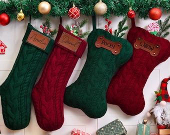 Personalized Engraved Leather Patch Stockings, Knit Christmas Family Stockings With Name, Dog Bone Stocking, Xmas Decor