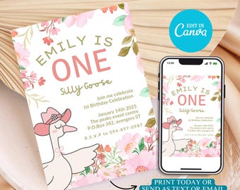 Silly Goose 1e verjaardagsuitnodiging: vintage Floral Girl Party (digitale download)