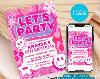 Retro Smiley Birthday Invitation: Pink Checkered Party Invite (Digital Download)