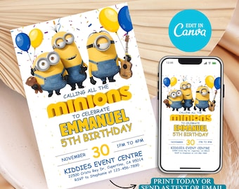 Editable Minions Birthday Party Invitation Template for Kids, Minion Party Invites