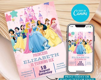 Princess Birthday Party Invitation: Editable Canva Template (Digital Download 5x7 inch