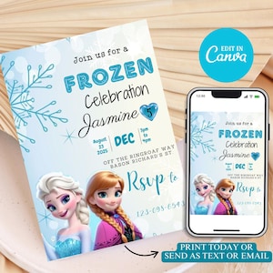 Editable Frozen Birthday Invitation: Elsa Winter Party (Digital Download, 5x7 in Canva Template)