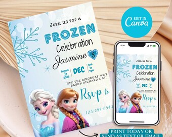 Editable Frozen Birthday Invitation – Elsa Winter Party | 5x7 Digital Canva Template