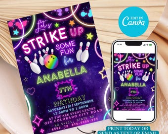 Editable Glow Bowling Birthday Invitation: Neon Rainbow Party (Digital Template Canva Edit)