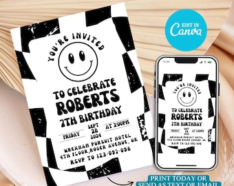 Groovy Smiley Face Birthday Invitation: Preppy Party Invite (Digital Template Canva Edit)