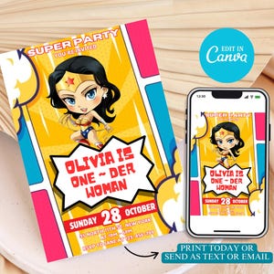 Editable Wonder Girl Birthday Invitation, Superheroes Girl Invitation, Digital Superheroes BirthdayTemplate, Super Girl Hero Birthday Invite
