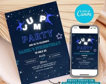 Trampoline Birthday Invitation: Pink Foil Jump Party, Editable Canva Template (5x7 Digital Download
