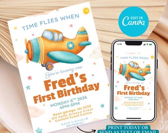 Editable Airplane First Birthday Invitation, Kids Party Invite (Digital Download)
