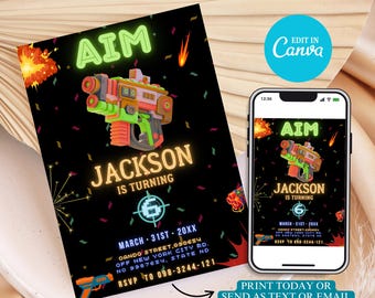 Editable Nerf Birthday Invitation: Dart Gun Party, Kids Nerf War (Digital Template Canva Edit)